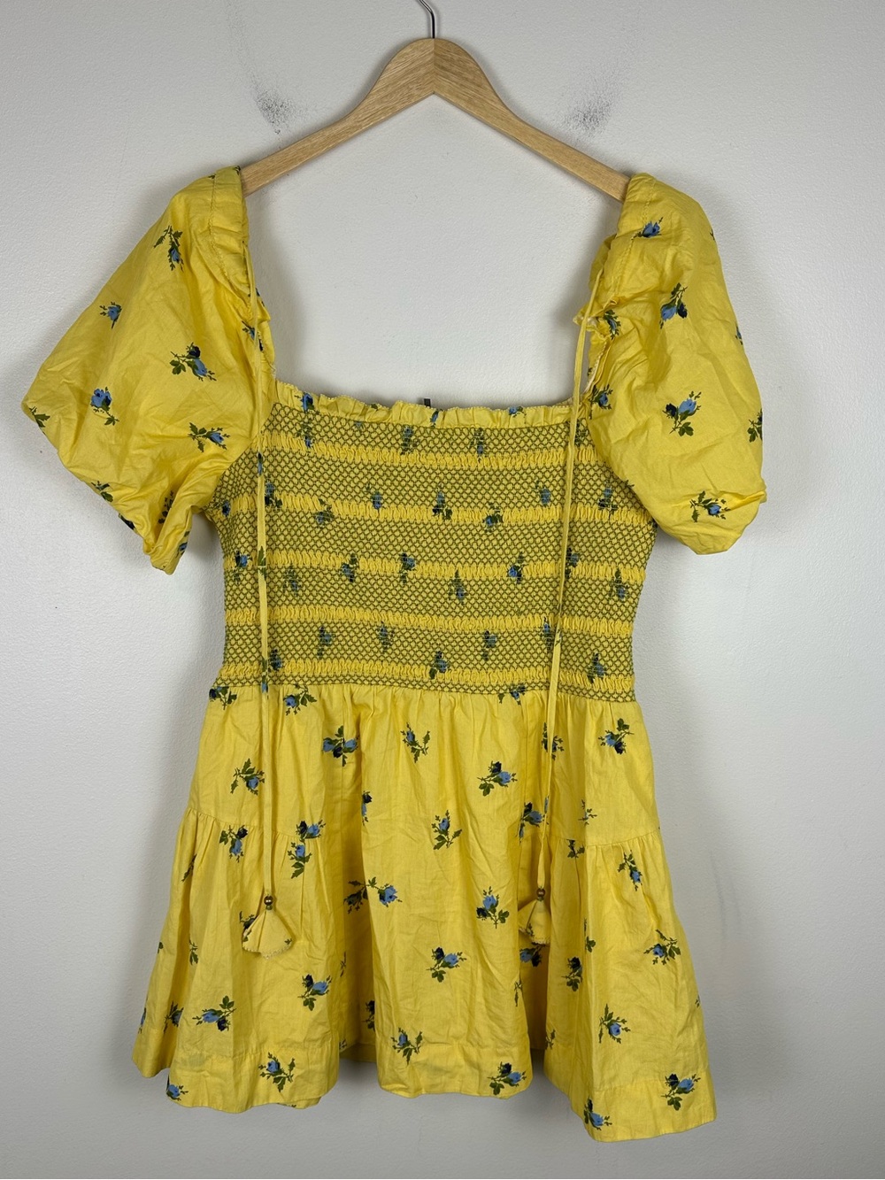 By Anthropologie Puff-Sleeve Square-Neck Smocked Mini Dress Sz L - Picture 10 of 10